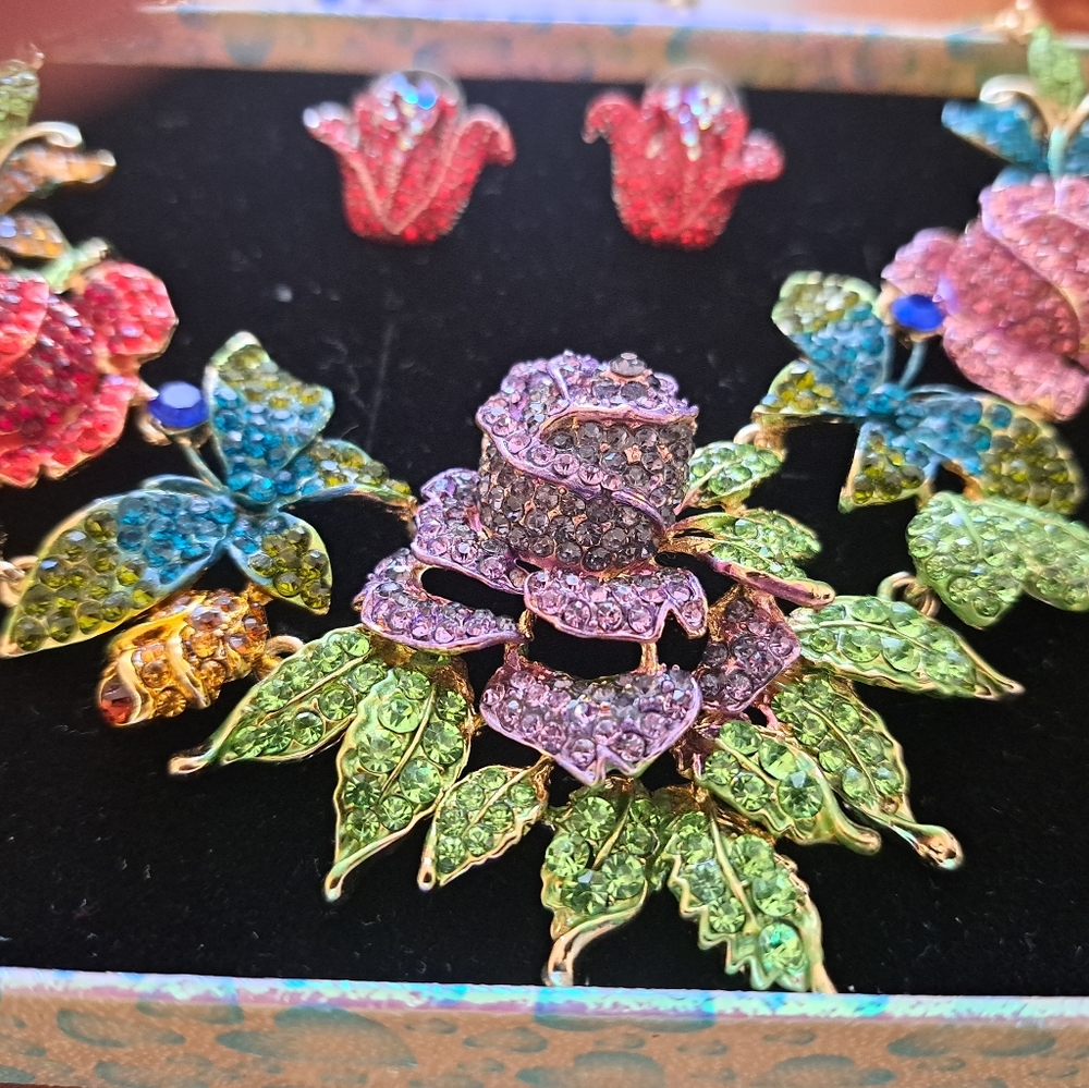 Colorful rose Rhinestone necklace set - Picture 4 of 8